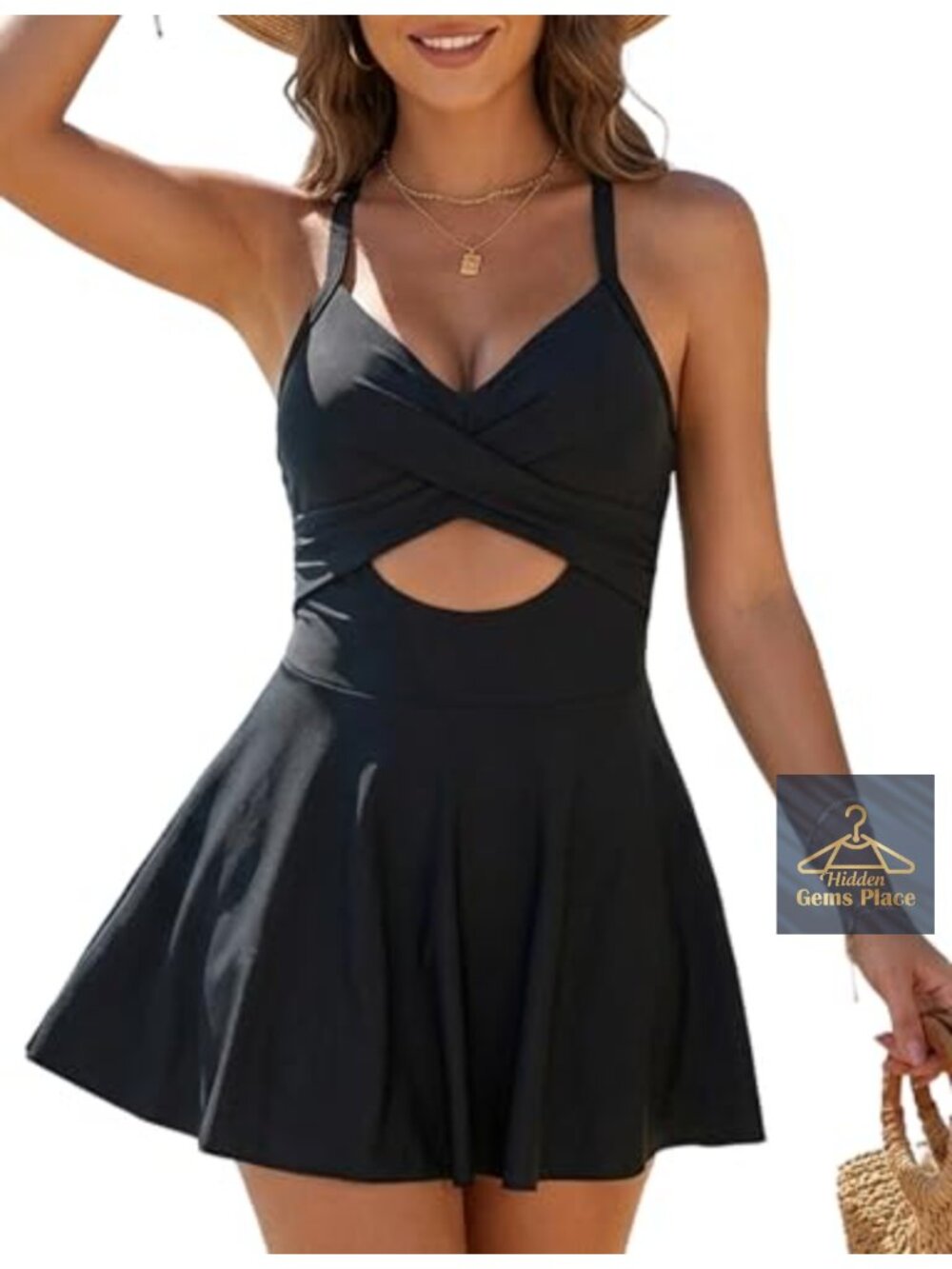 Women's Swim Dress Cross Wrap V Neck Pleated Skirt One Piece Swimsuit